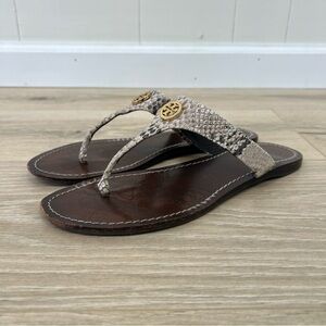 Tory Burch Cameron Python Leather Gold Flip Flops